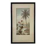 Vintage Print of Lotus Flower and Palm Tree Black Frame