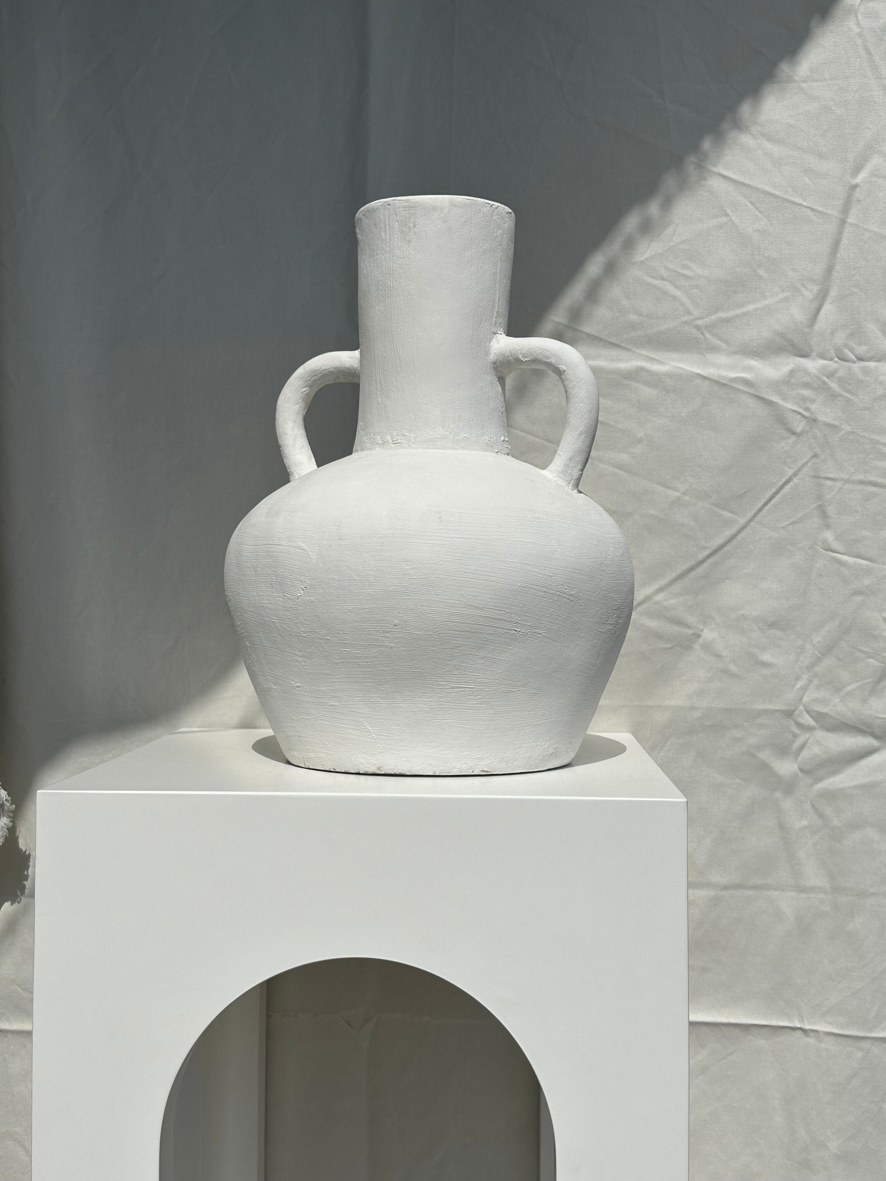 Handcrafted terracotta vase painted white with double handles h:40 d:30