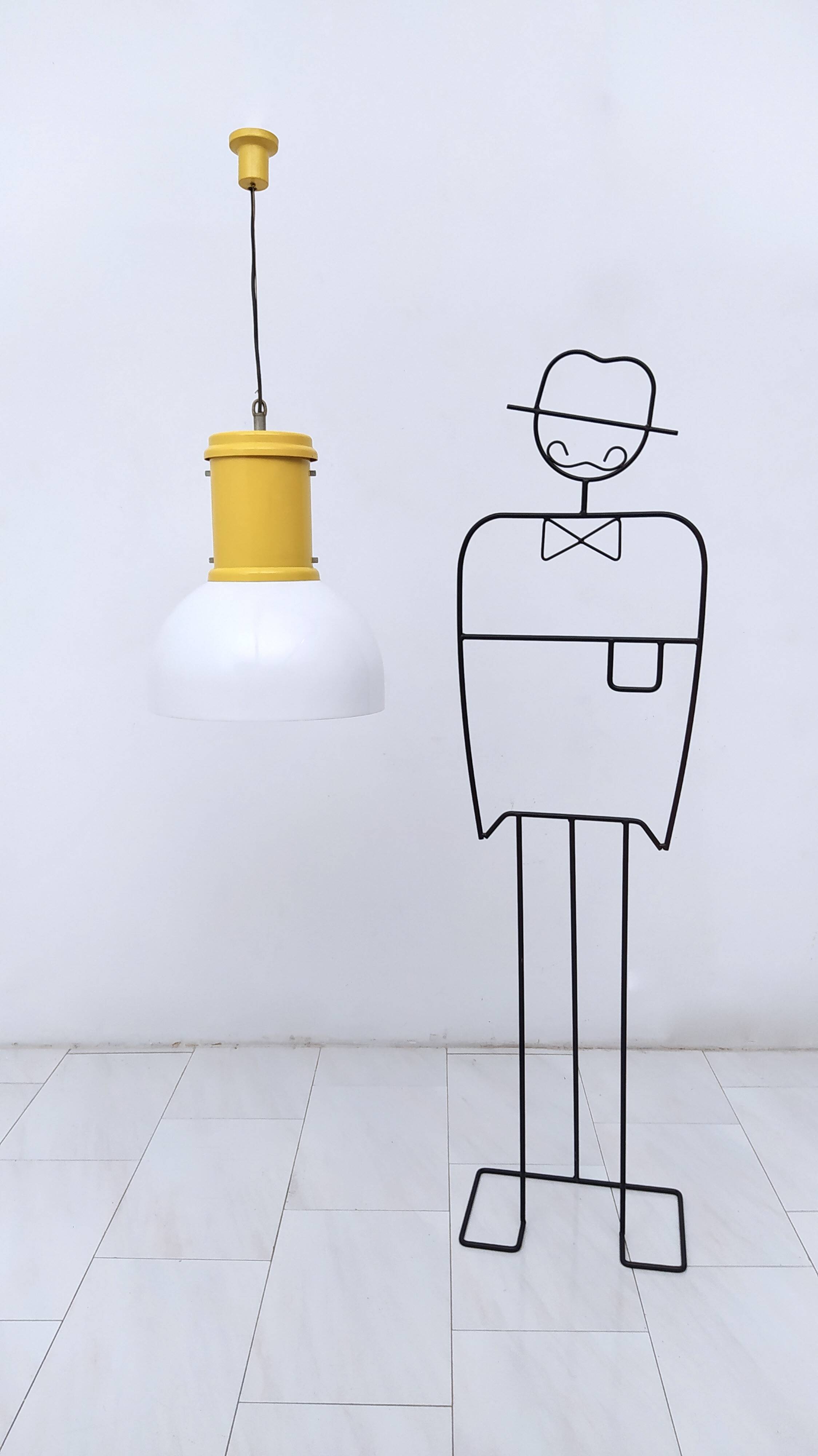 Industrial White Plexiglass and Yellow Varnished Aluminum Pendant, Italy