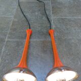 Pair of orange twisted metal pendant lights attributed to Angelo MANGIAROTTI