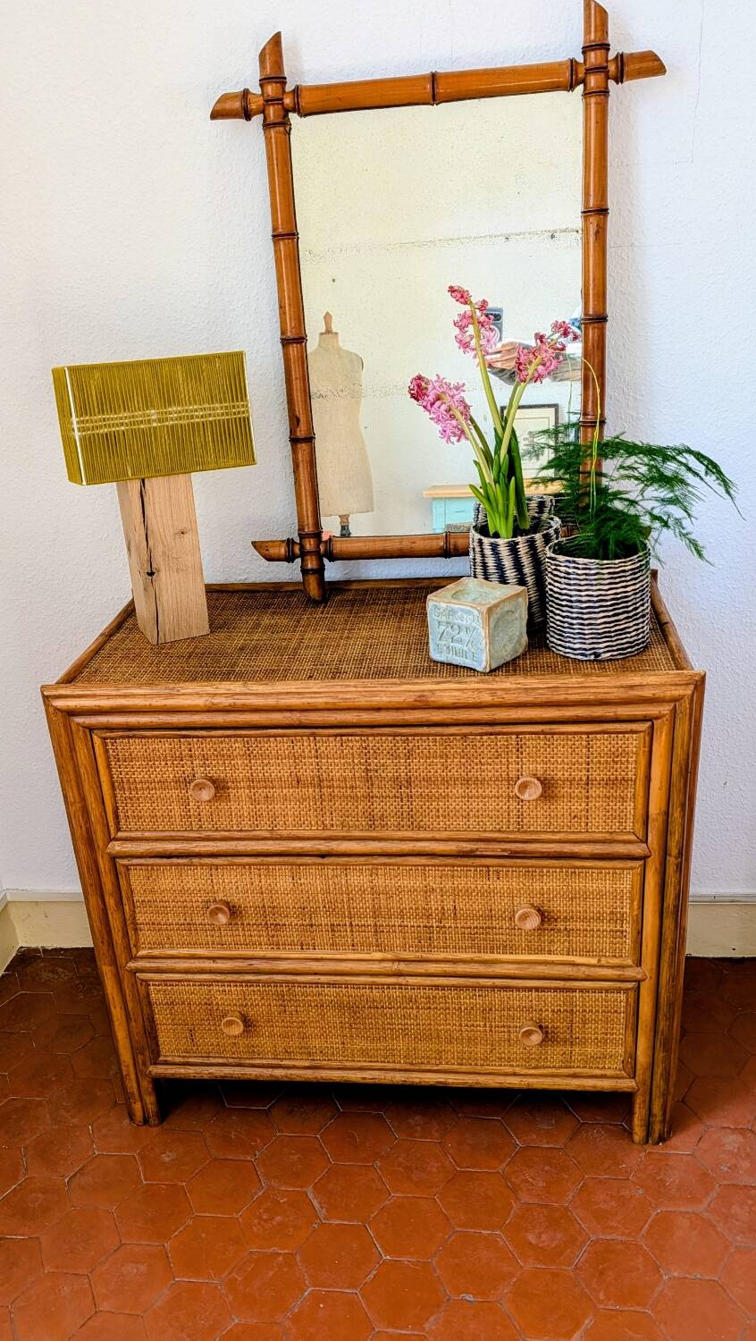 Vintage rattan chest of drawers
