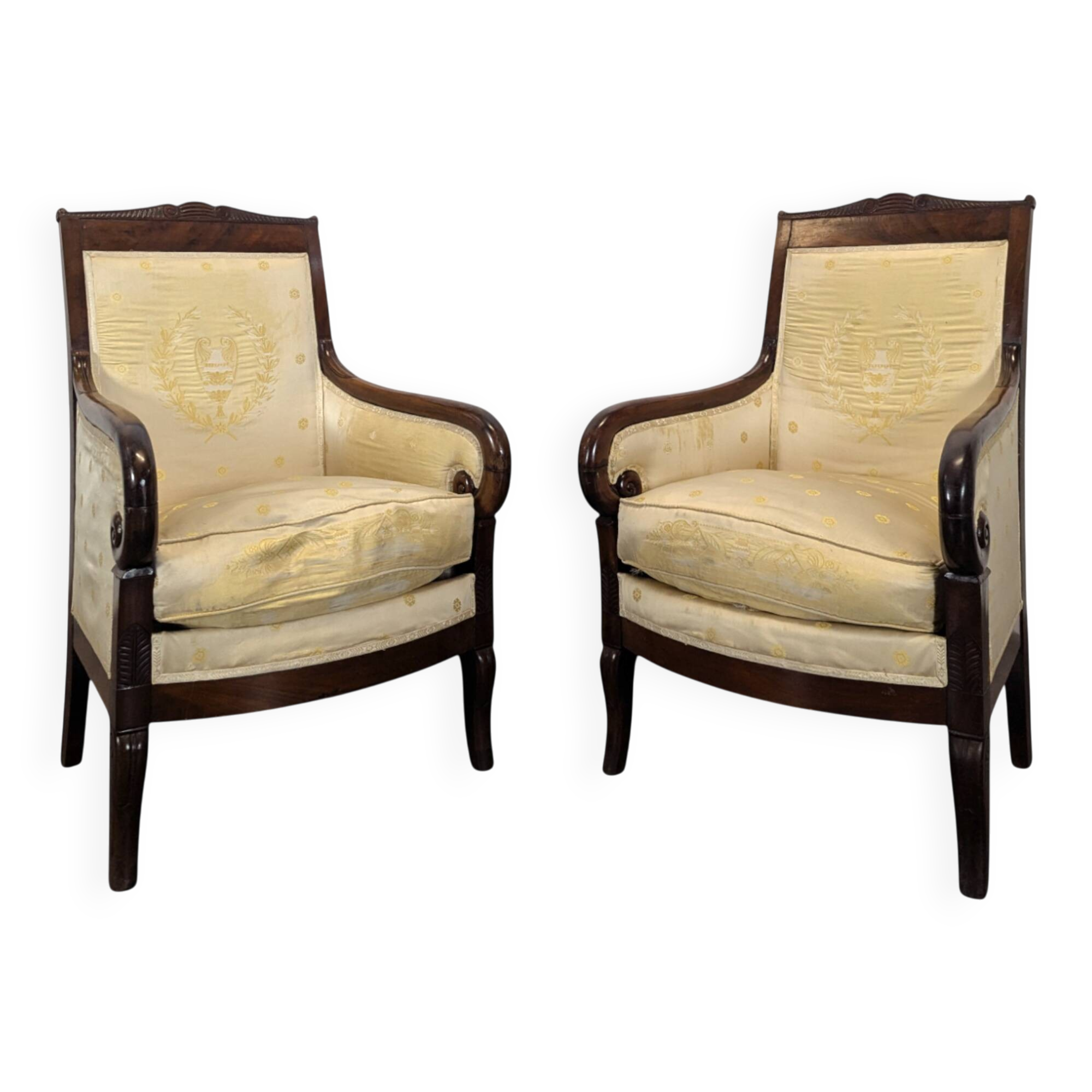 Pair of Restoration period armchairs with cabriole legs.