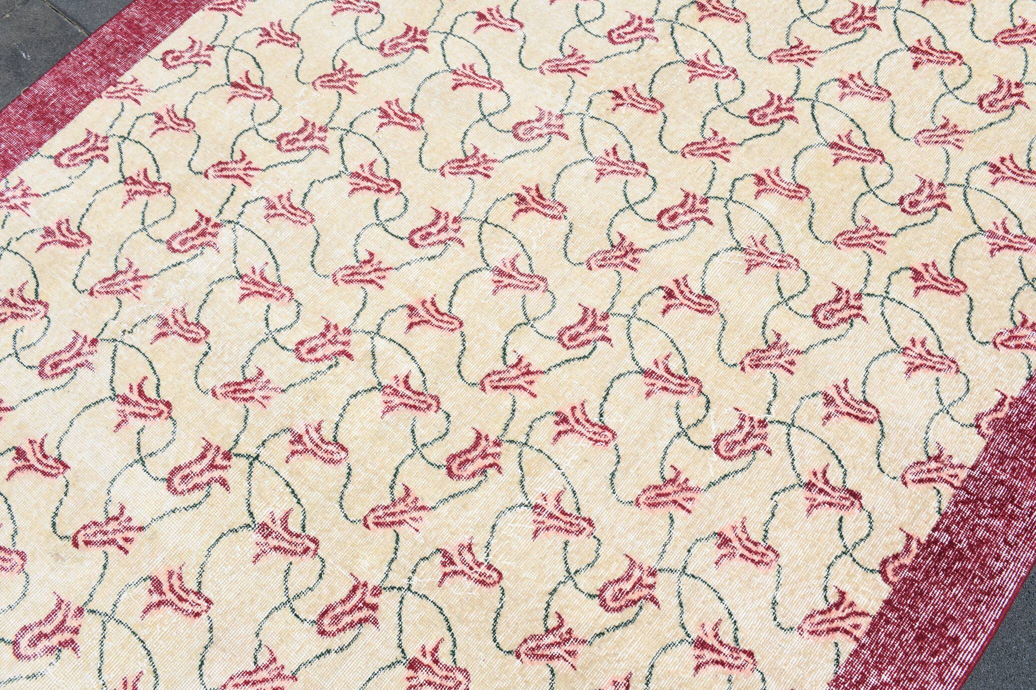 Beige & Burgundy Bordered  Floral Turkish Rug, Neutral Wool Rug, 194x290 Cm