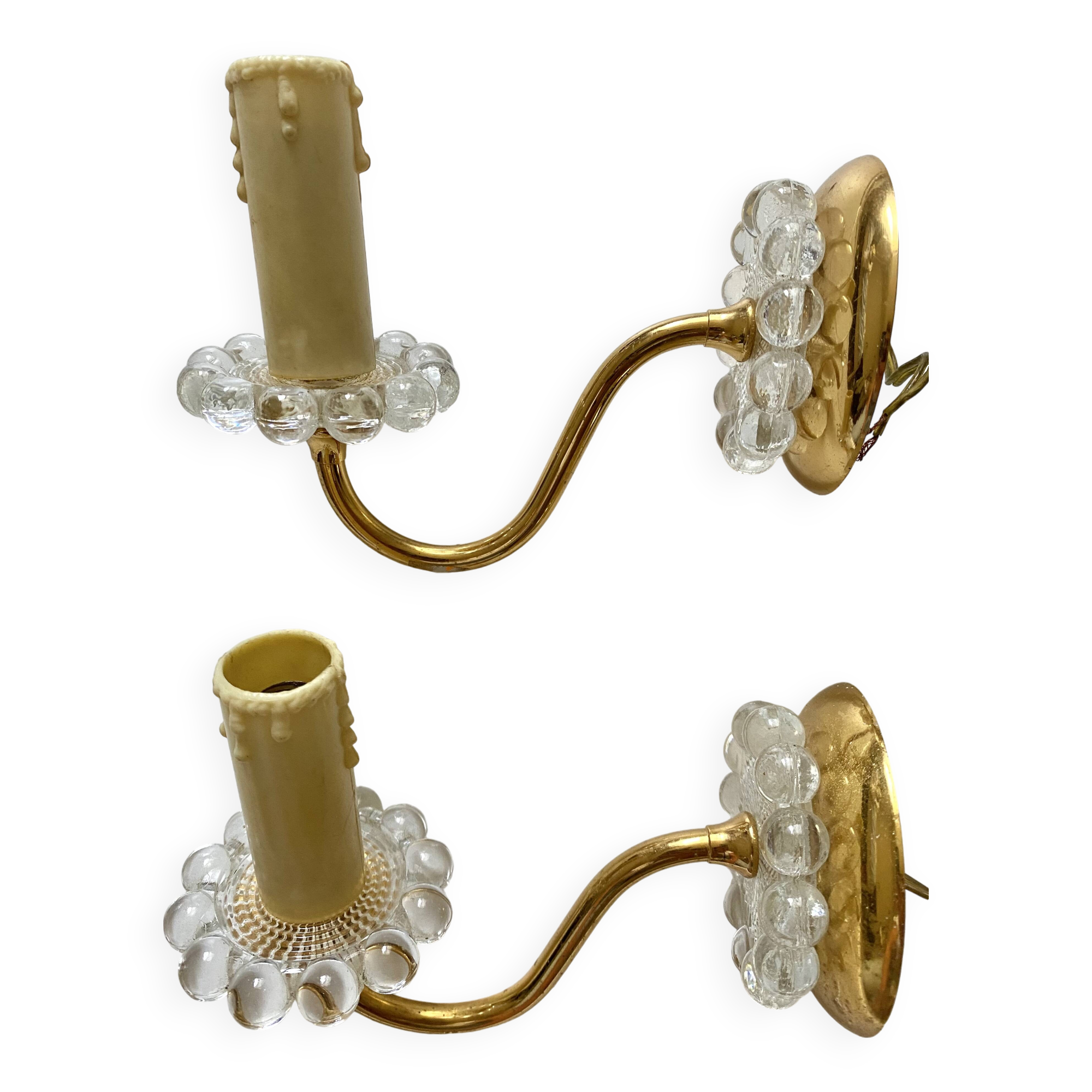 Pair of glass and gold metal wall lights from the 1960s