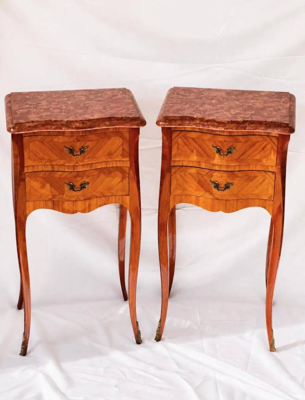 Pair of French Rosewood Nightstands, Marble Top Nighstands, Marquetry Bedsi