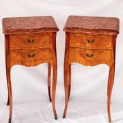 Pair of French rosewood bedside tables, marble top, inlaid beds.