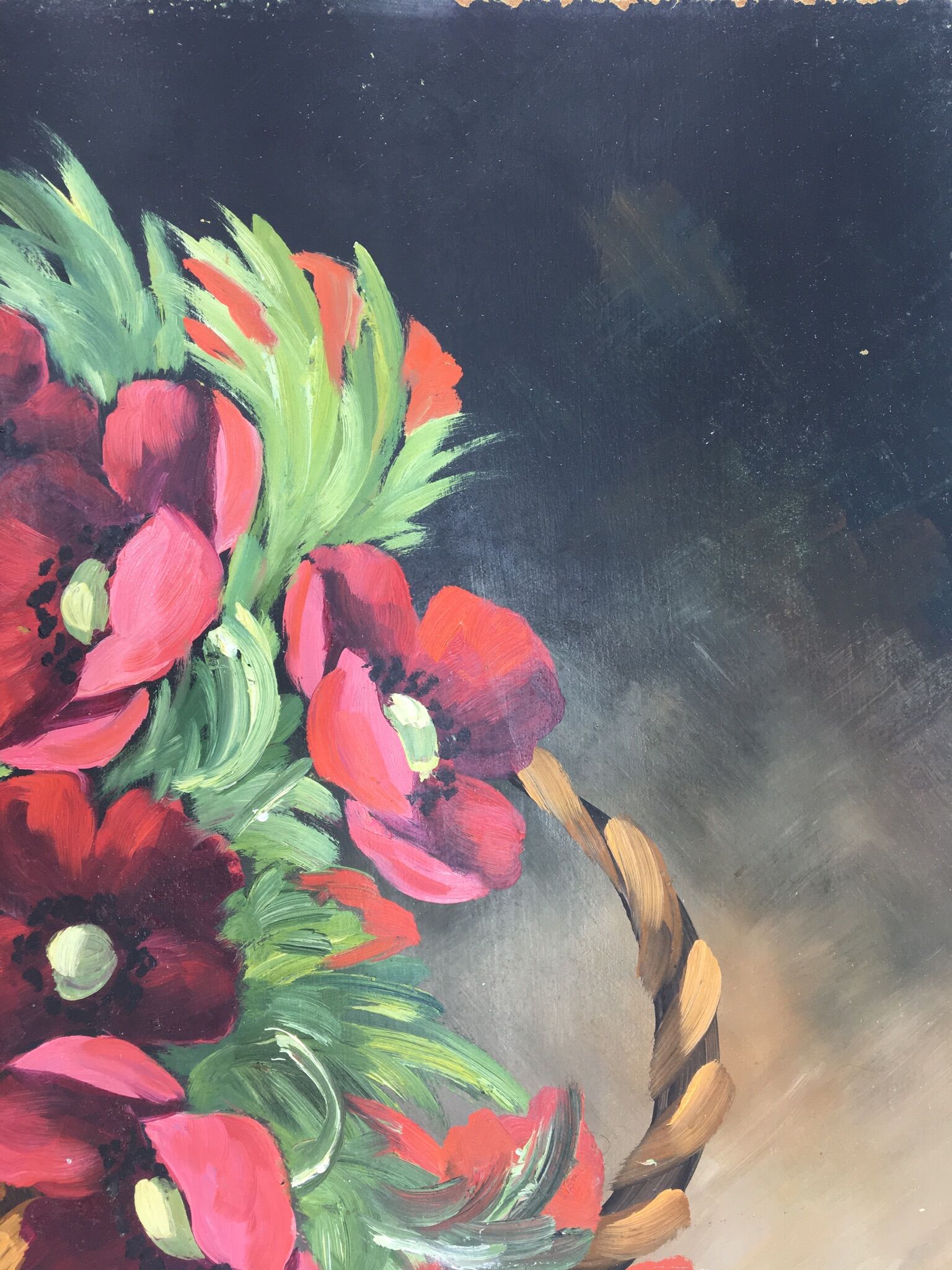 Still life painting with a basket of flowers from the 70s