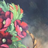 Still life painting with a basket of flowers from the 70s