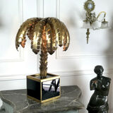 Palm tree table lamp in gilded metal and base in glass plates style year 70