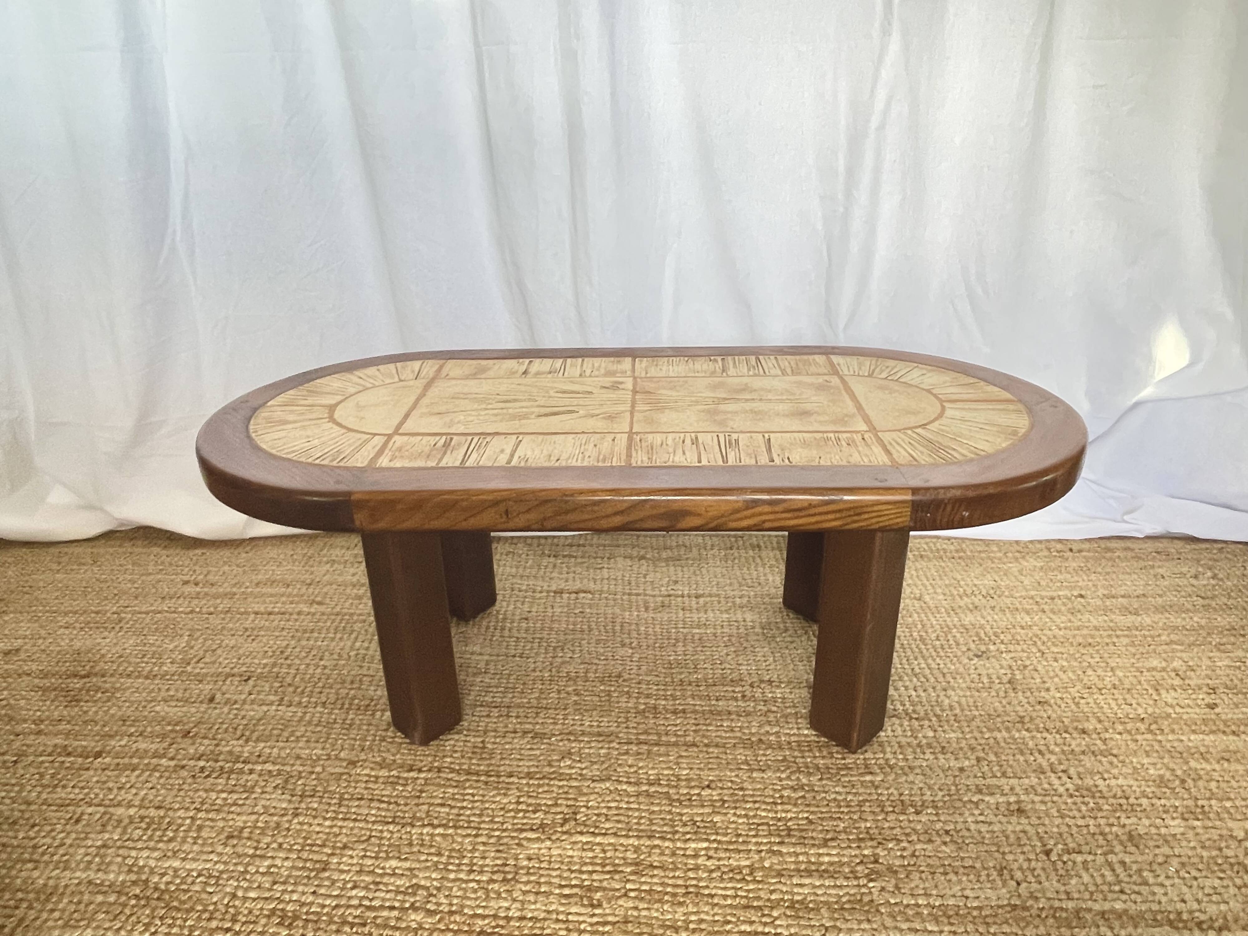 Ceramic and solid wood herbarium coffee table, signed