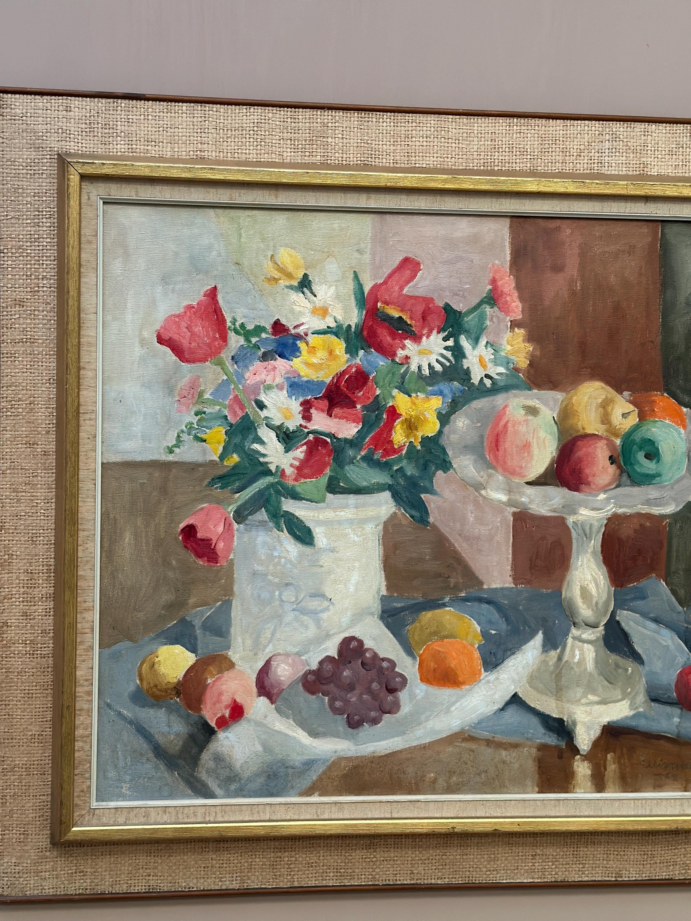 Original Swedish Oil on Canvas – "Flowers and Fruit by Ellis Wallin"