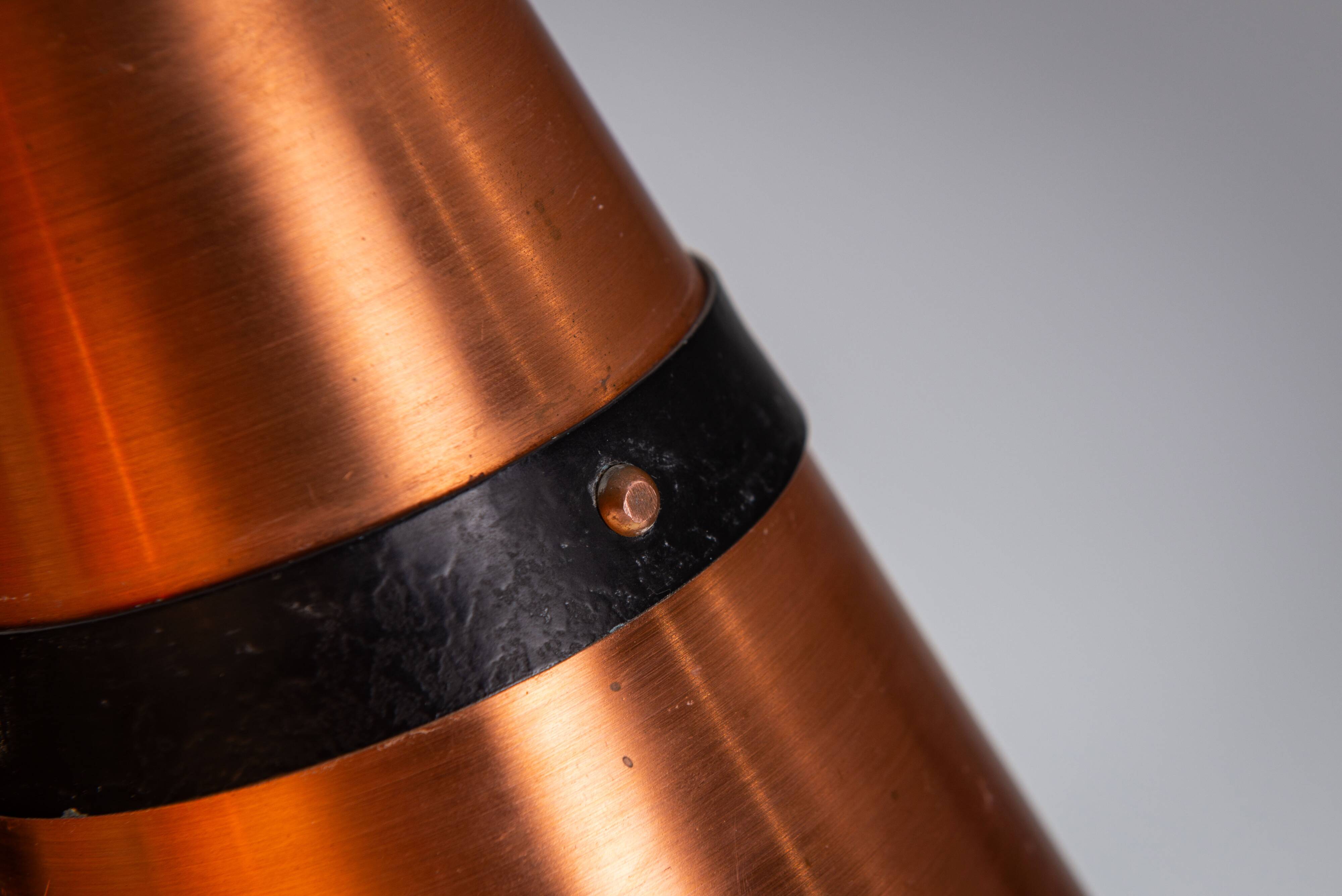 Ceiling lamp in dark stained wood with four brass shades, Sweden, 1960s