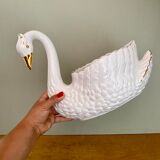 Vintage swan pot cover in white and gold ceramic