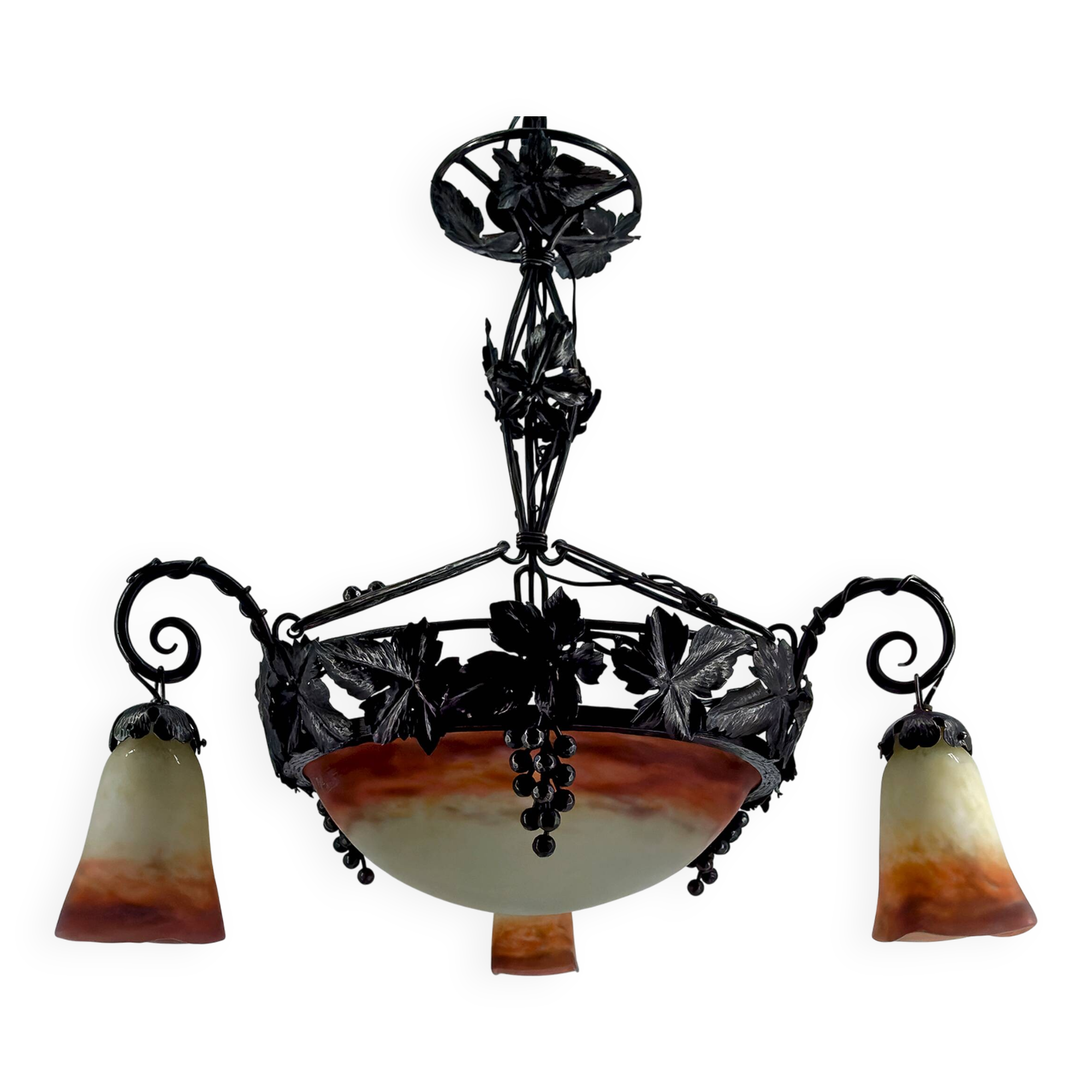 Wrought iron and glass paste chandelier, Art Deco, Muller Freres, Circa 1920