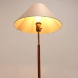 Paavo Tynell style floor lamp in brass and leather with linen shade