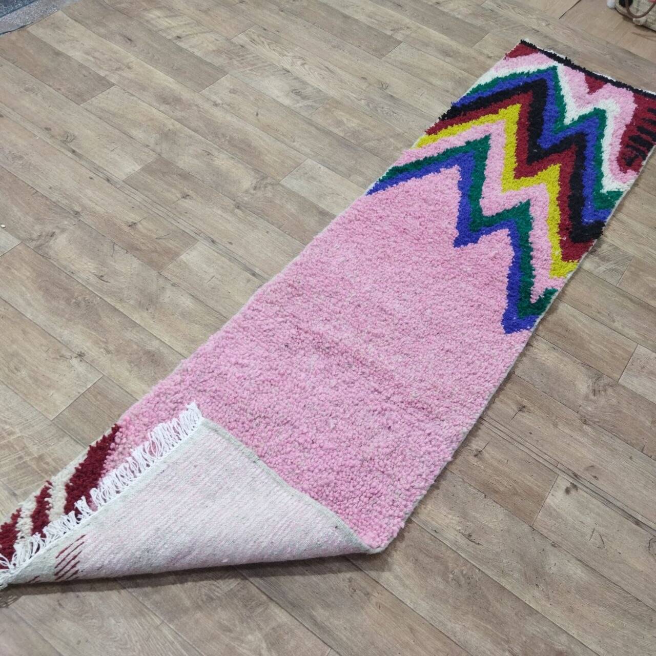 Moroccan Berber hallway rug in multicoloured pink wool – 275 x 70 cm