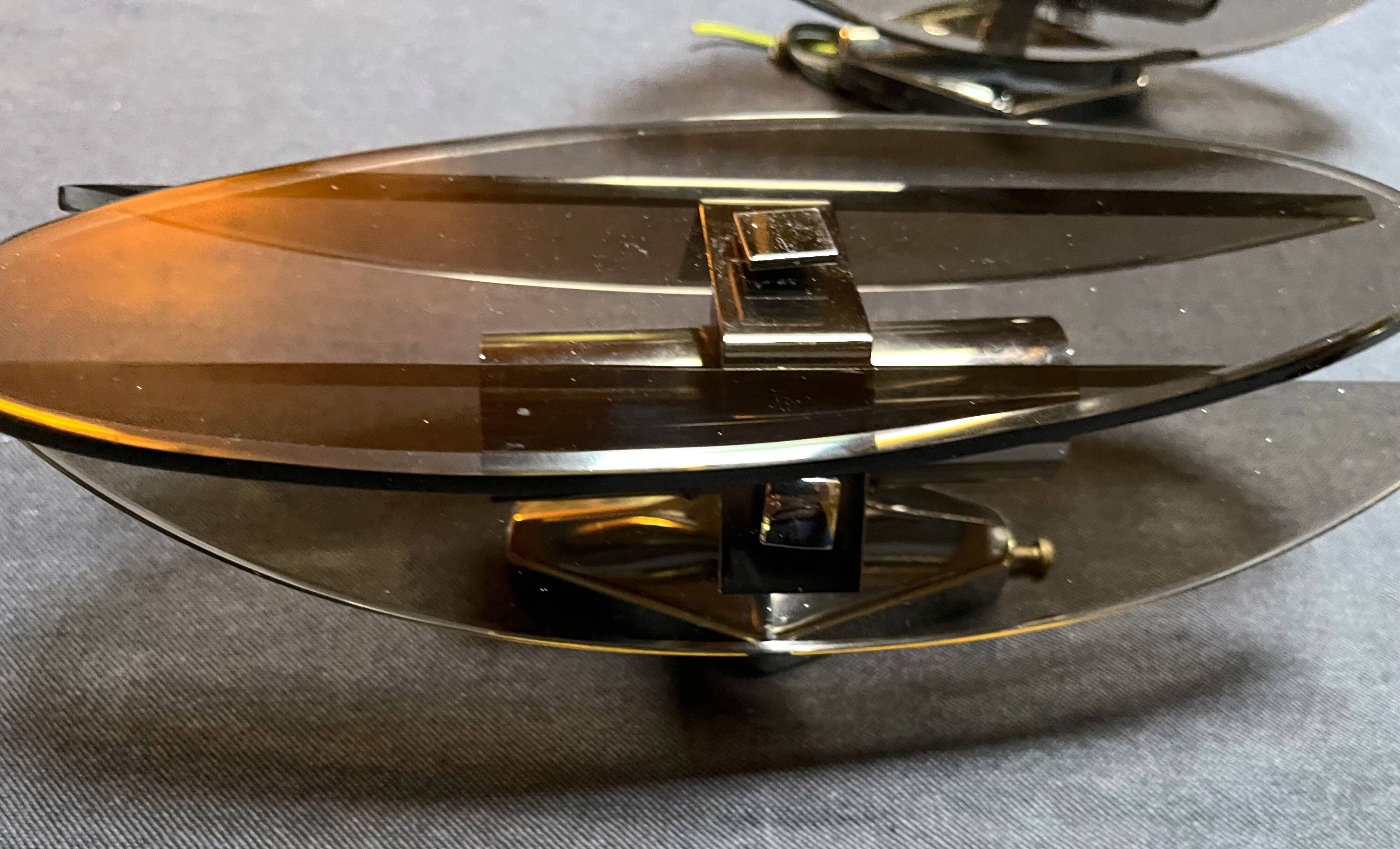 Veca, Pair of smoked glass and chrome wall lights, Italy 1970s