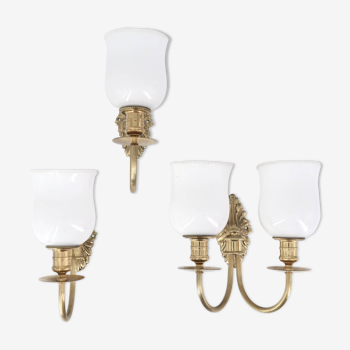 Three wall lights in brass and opaque glass, 1950s