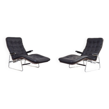 Bauhaus Leather and Chrome Model Fenix Chaise Longue by Sam Larsson for Dux