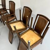 Set of 8 wooden and thick leather armchairs, Girsberger design, 80s