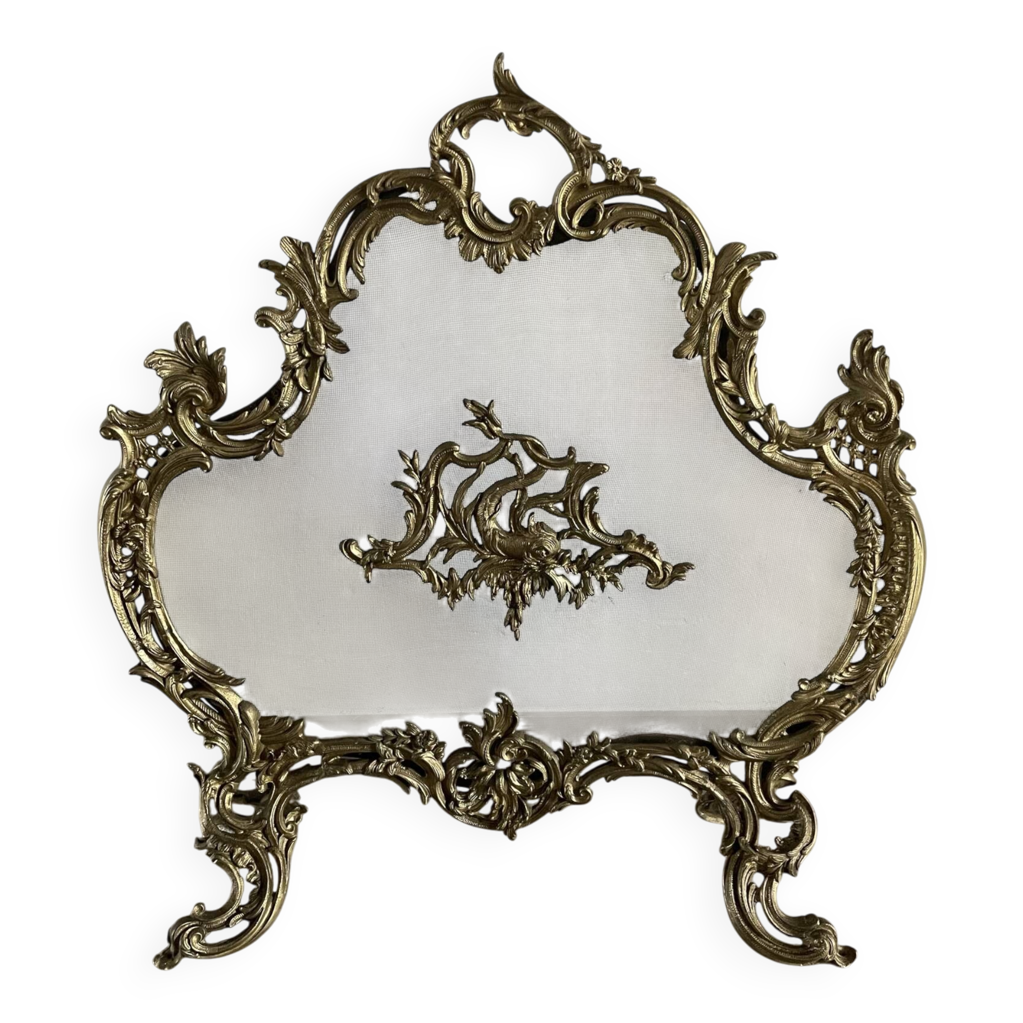 Vintage French-style ornate bronze fireplace screen