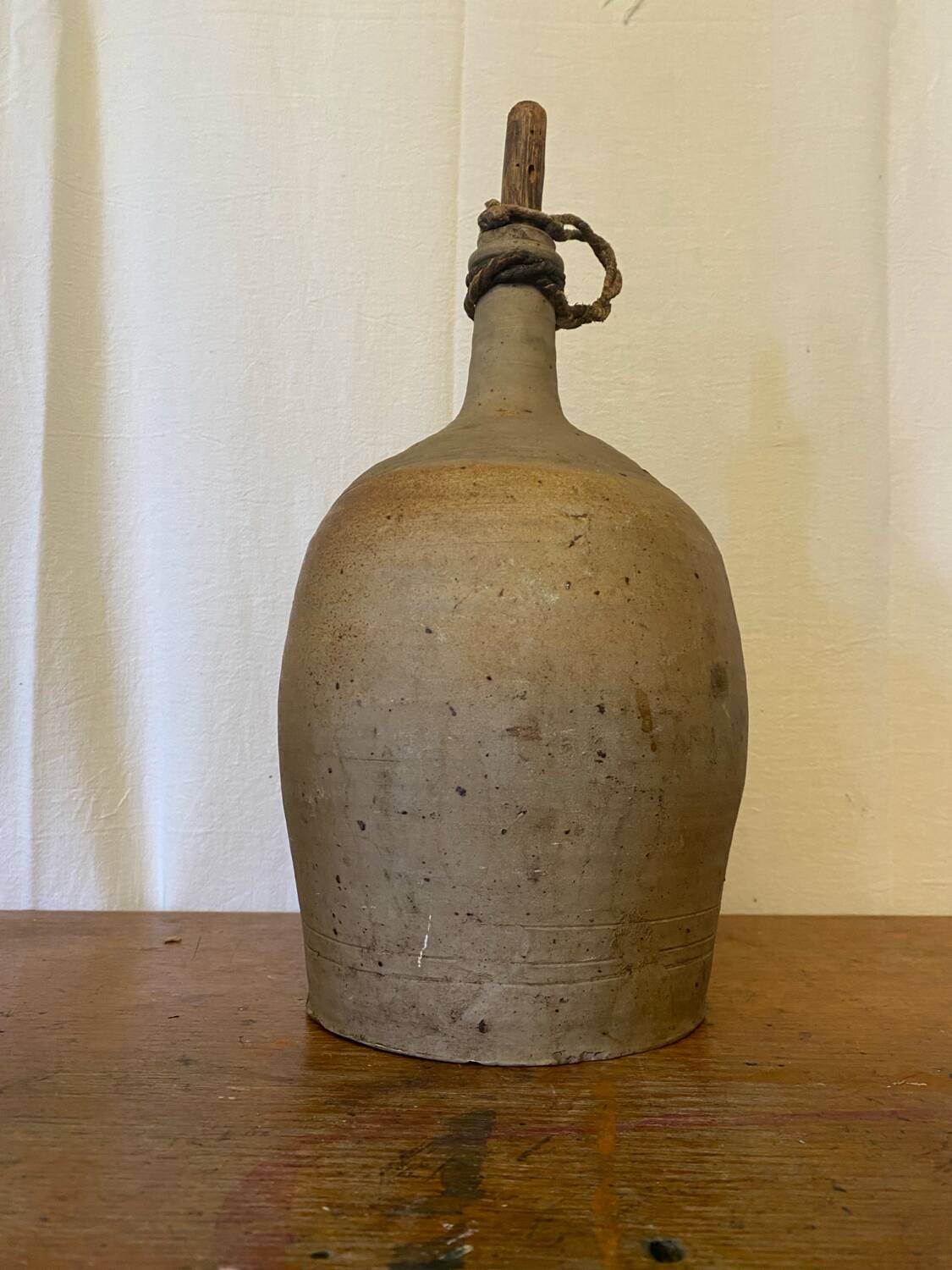 Antique Beige Stoneware Bottle + Wooden Stopper Large Volume Vintage