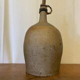 Antique Beige Stoneware Bottle + Wooden Stopper Large Volume Vintage