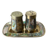 Salière et poivrière en coquille d'abalone avec plateau, Alpaca Mexique, années 1970
