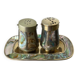 Abalone shell salt & pepper shakers with tray, Alpaca Mexico, 1970s