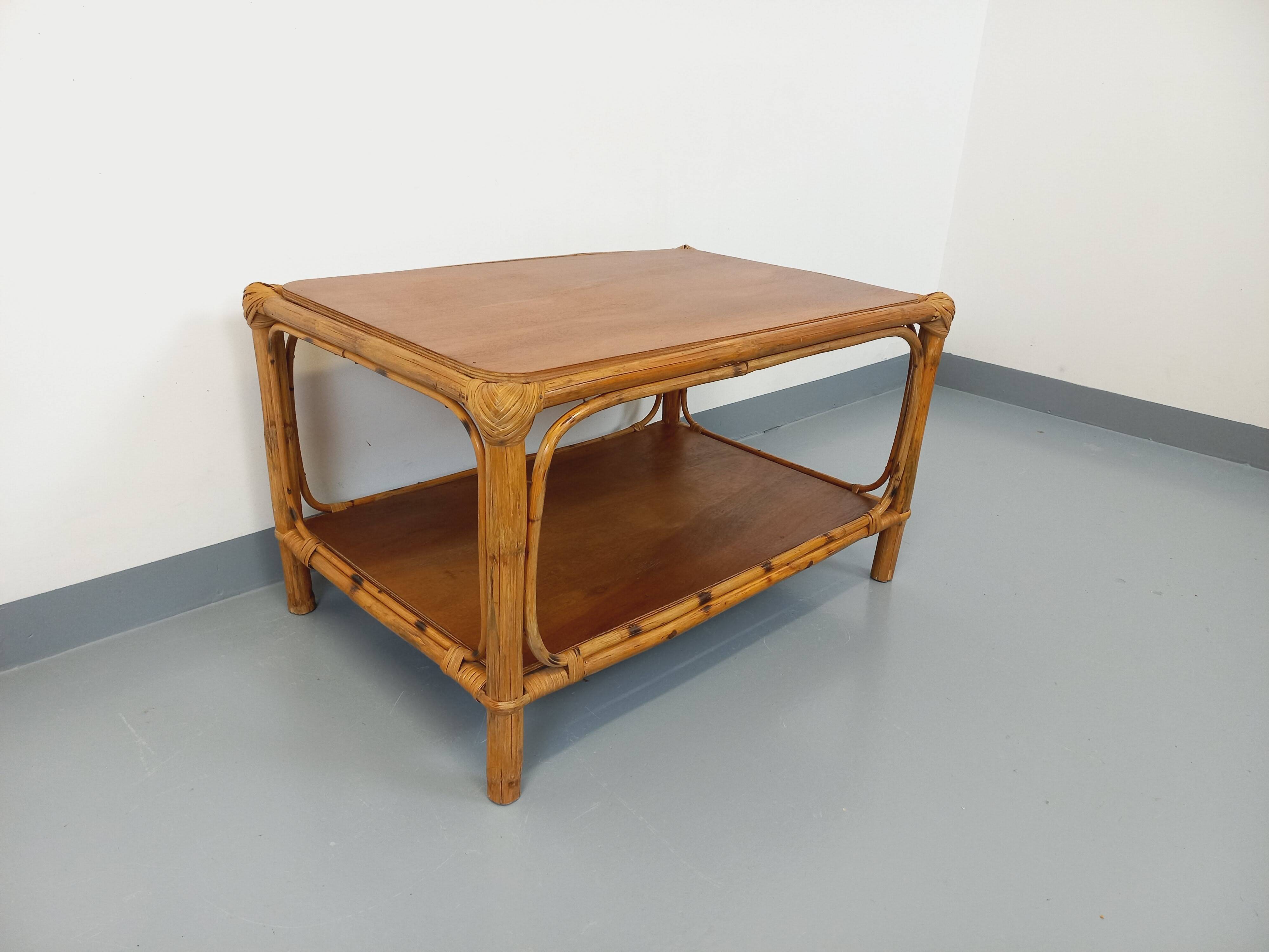 Vintage rattan and wood coffee table