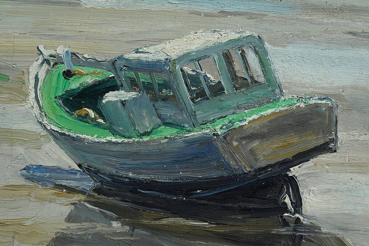 Painting "Boat at Low Tide", signed J-P. Guinegault – 2nd part of the 20th century