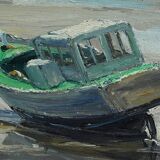 Painting "Boat at Low Tide", signed J-P. Guinegault – 2nd part of the 20th century