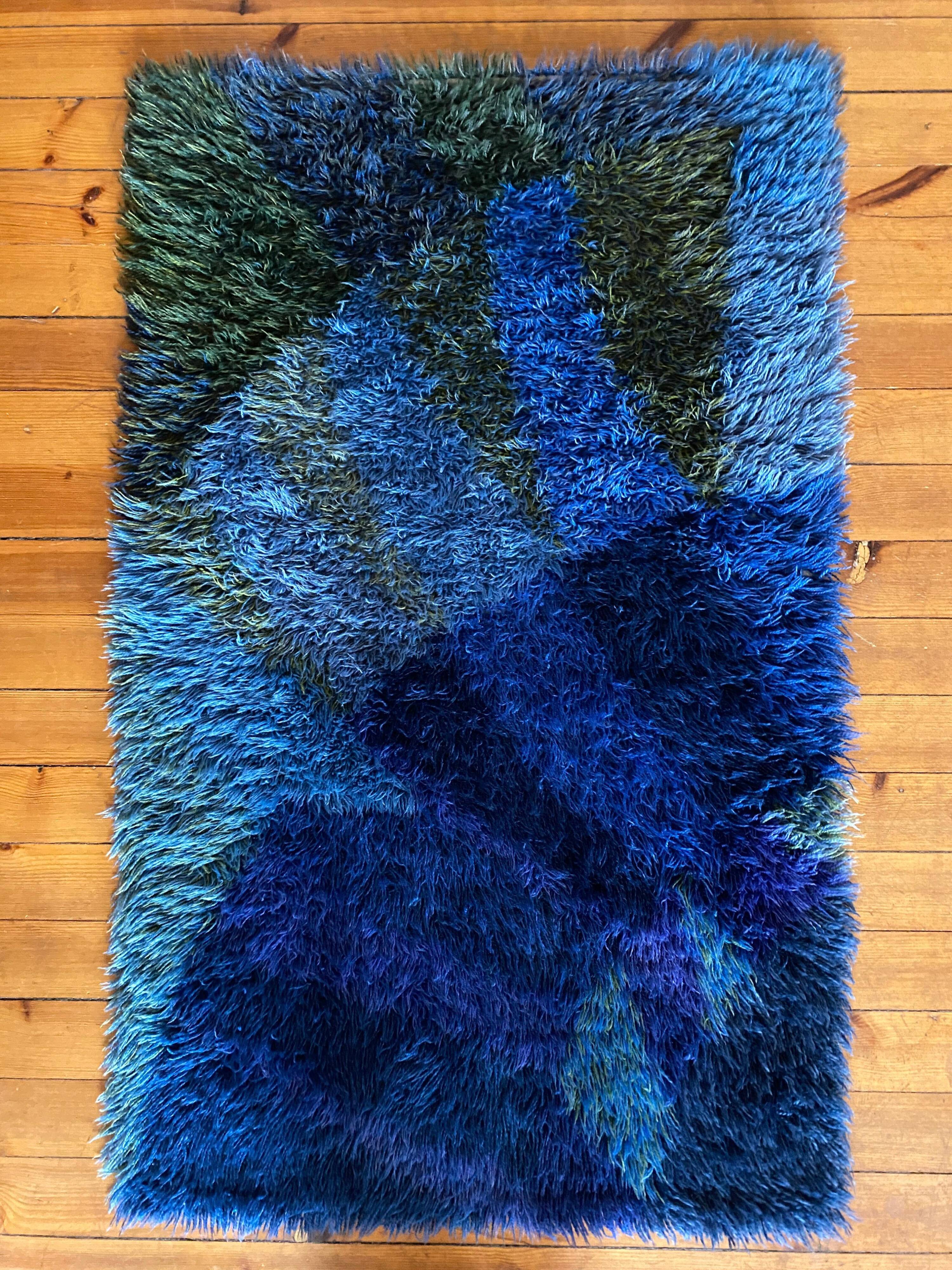 Mid-century Modern High Pile Blue Rya Rug, Sweden, 1960s