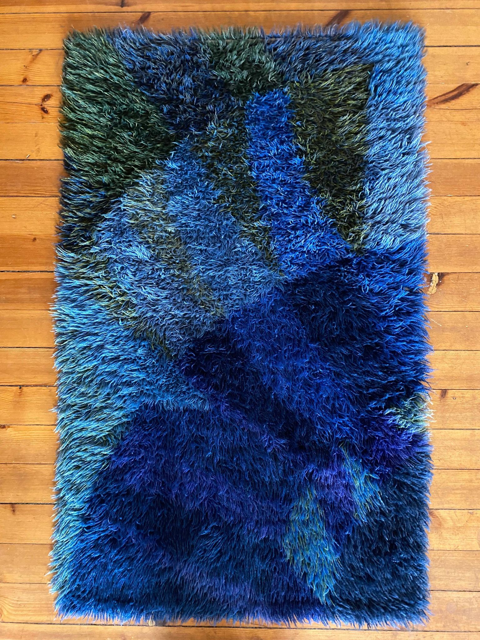 Mid-century Modern High Pile Blue Rya Rug, Sweden, 1960s
