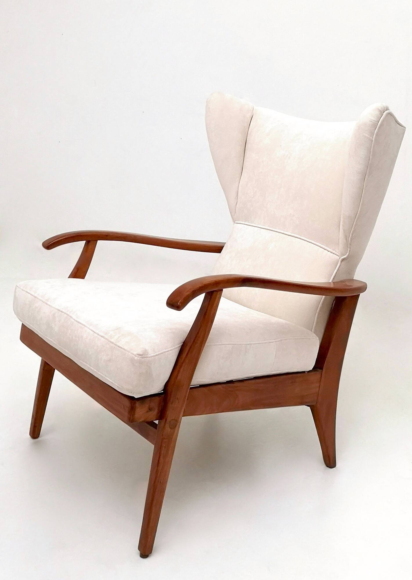 Reclining Armchair with Cherry Frame and White Velvet Upholstery, Italy