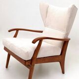 Reclining Armchair with Cherry Frame and White Velvet Upholstery, Italy