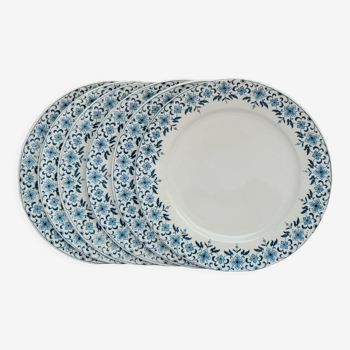 Lot de 6 assiettes à dessert modèle Lucie U&G Sarreguemines blanc et liseret fleuri bleu