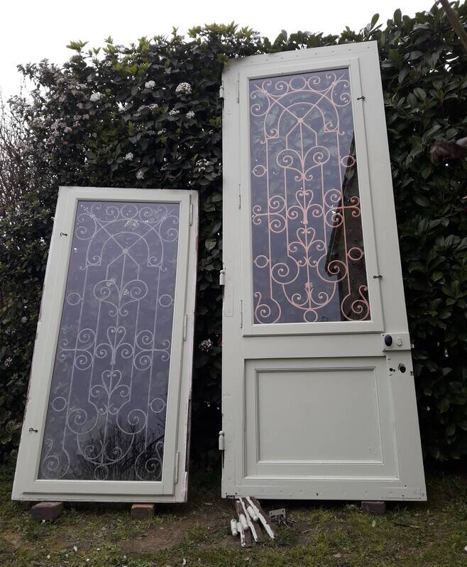 Entrance door 264x99cm old walnut oak wrought iron grille glass panel