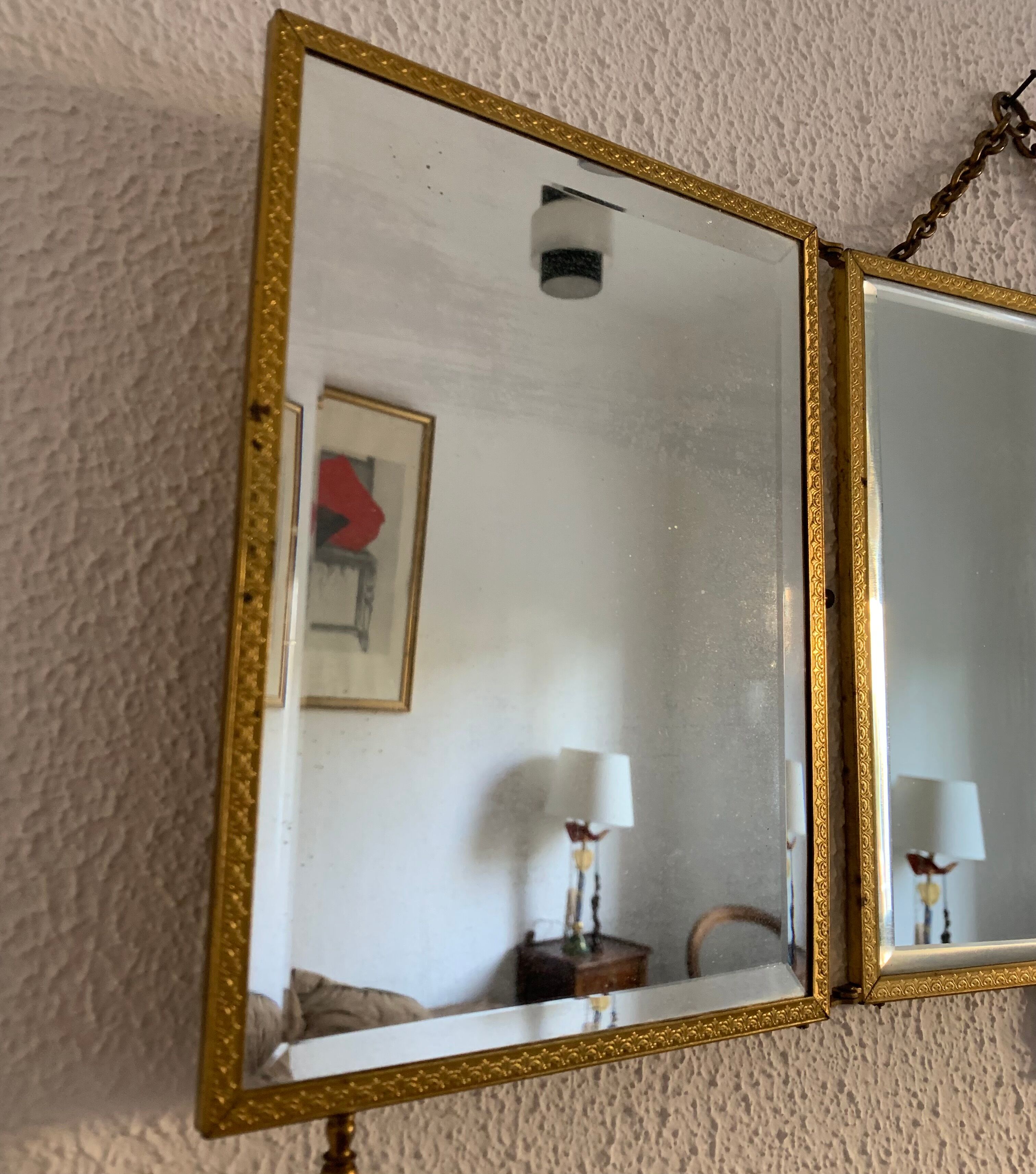 Vintage mirror 1900 triptych barber brass chiseled - 27 x 58 cm