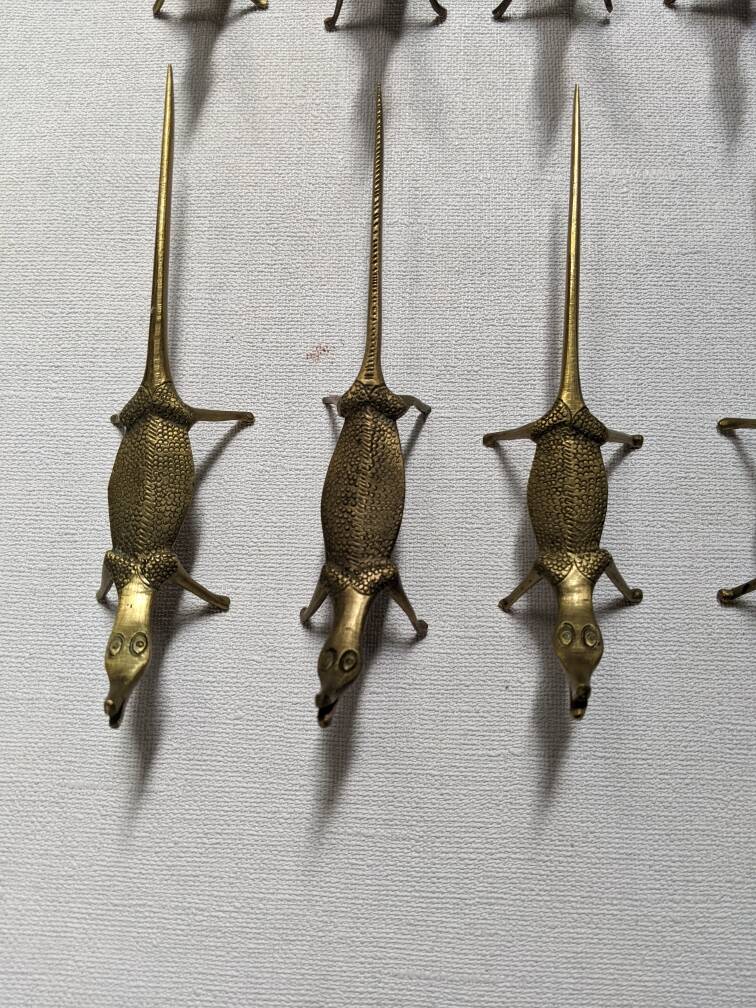 Set of 12 Bronze Knife Rests African Art Handcrafted Crocodiles