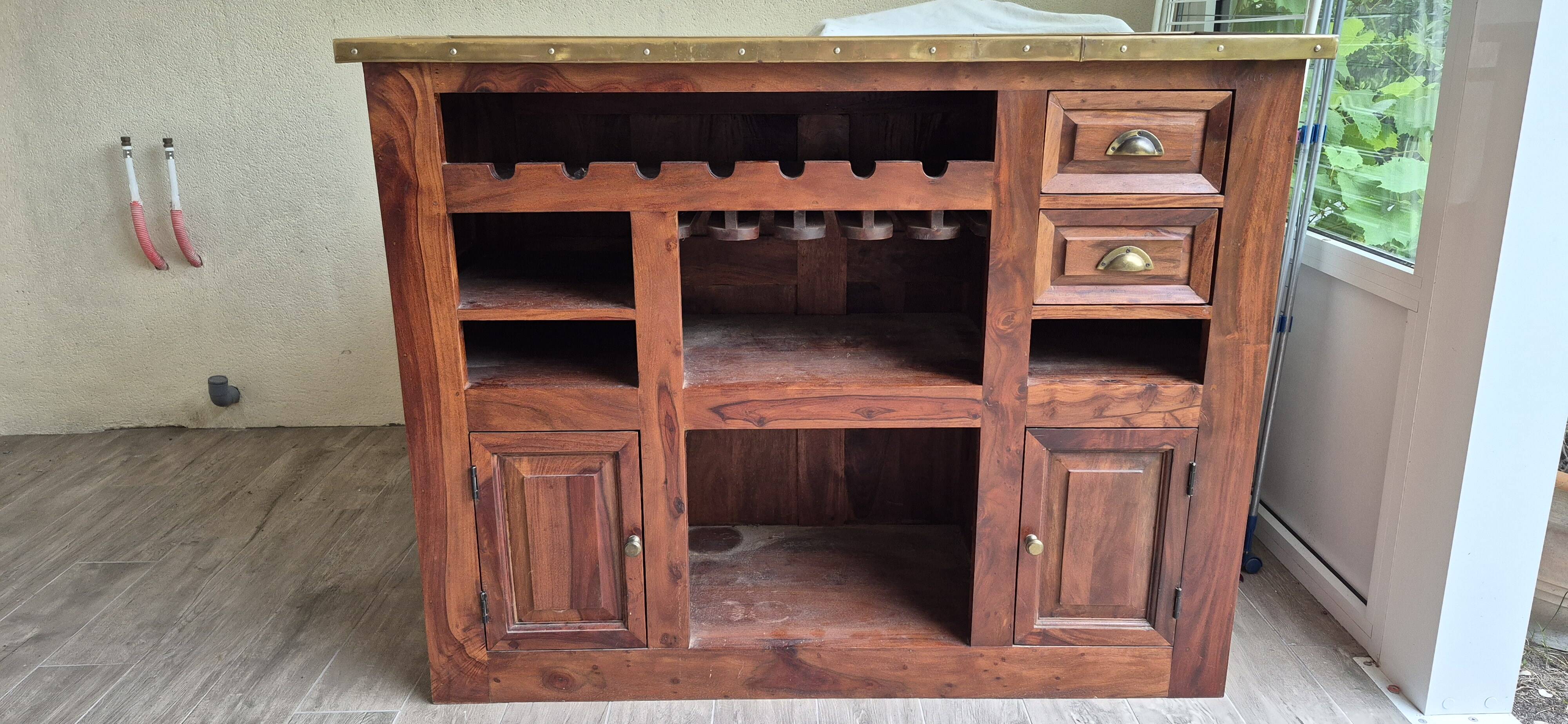 Solid teak and brass bar cabinet