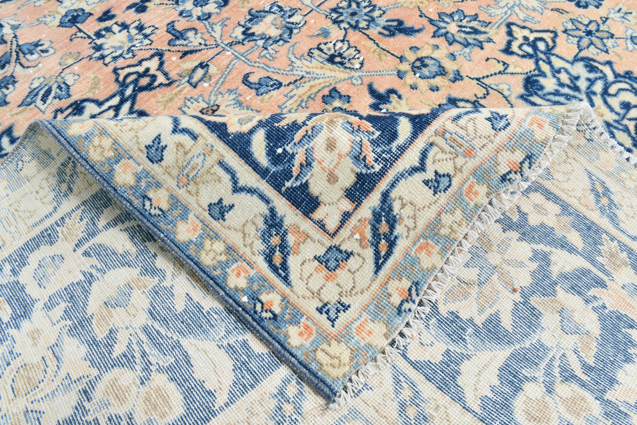 Tapis Persan Vintage Tissé Main, Motif Floral, Laine Beige & Bleu,301x414Cm
