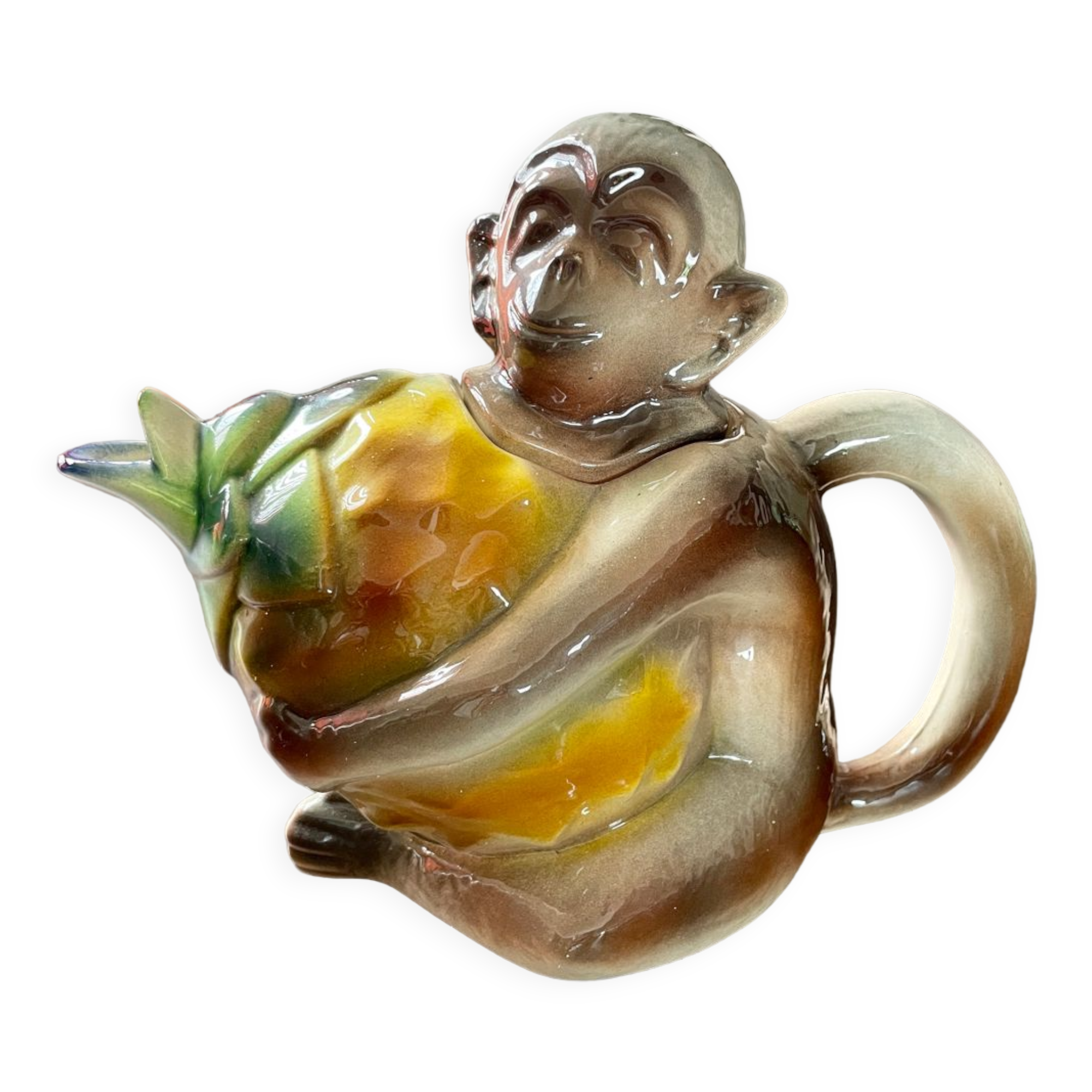 Vintage pitcher theiere earthenware saint clément monkey on pineapple