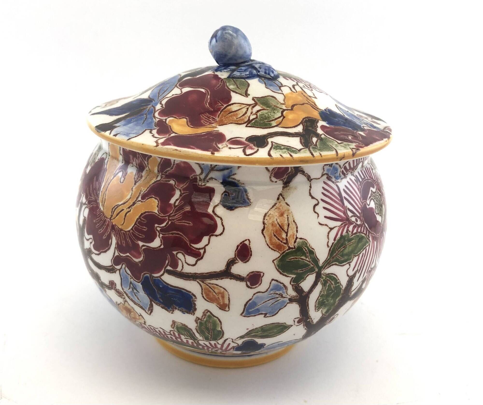 Old Sugar Bowl Candy Box Covered Earthenware Pot Gien Peonies
