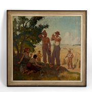 Huile sur panneau isorel – Les moissonneurs en pause c. 1930–1940