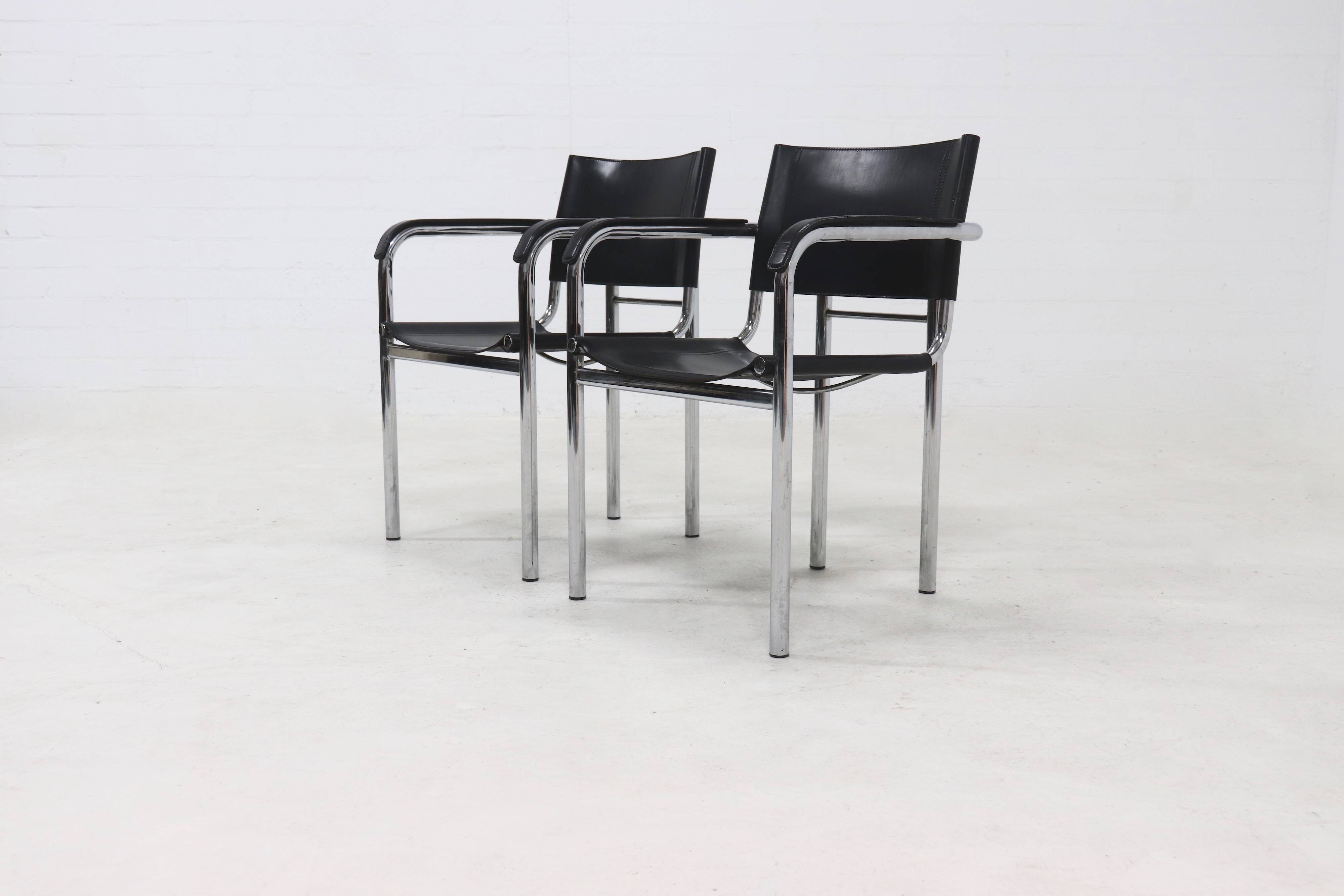 Set of 2 Italian Modern Saddle Leather and Chromed Steel Chairs 1980s