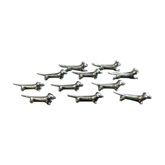 Set of 8 dachshund dogs and 3 silver metal foxes