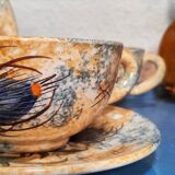 Aegitna Vallauris Hand Painted Enameled Ceramic Cups and Plates/Saucers with Thistle Motifs