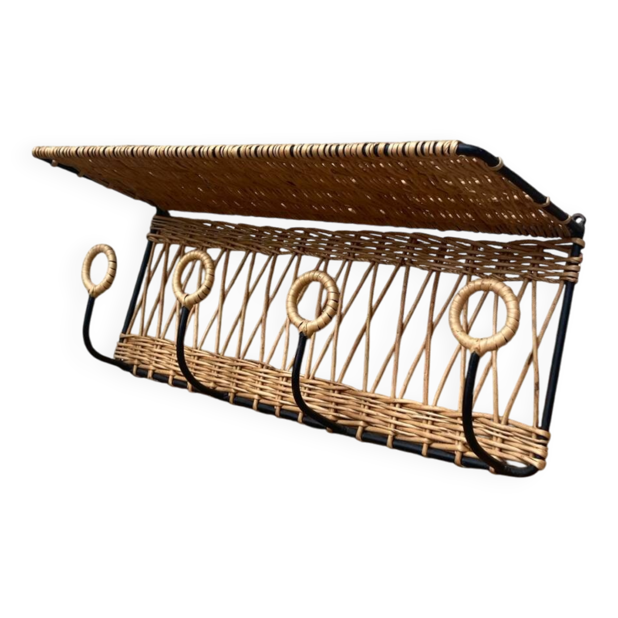 Vintage rattan wall coat rack