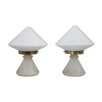 1940s pair of unique art deco table lamps with alabaster base ,czechoslovakia